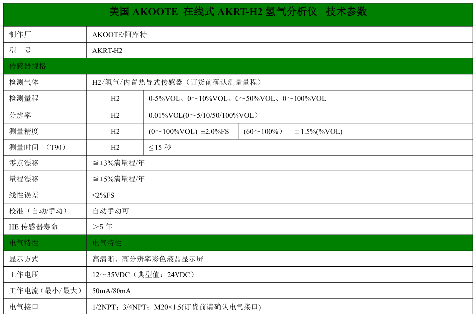 美國(guó)阿庫(kù)特AKRT-H2 在線(xiàn)式氫氣分析儀-湖南拓安儀器